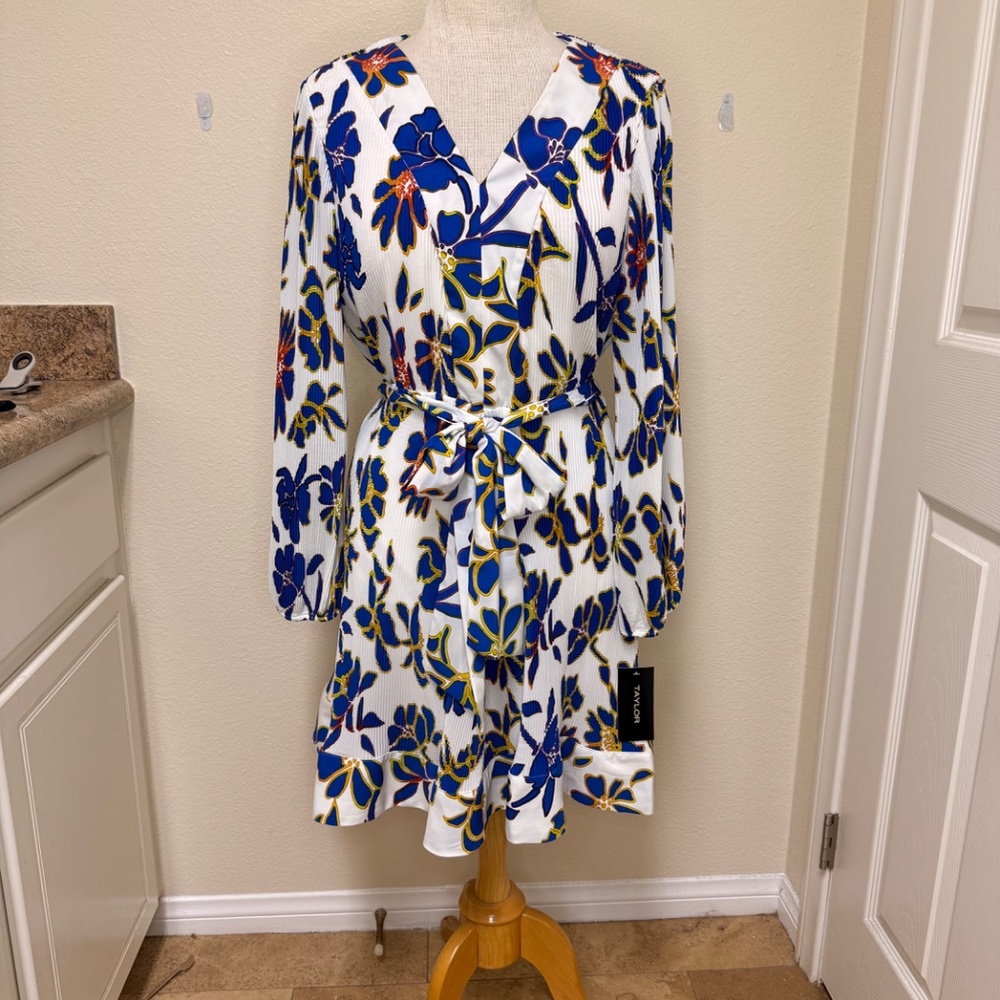 Taylor White Long Sleeve Wrap Dress with Blue and Yellow Floral Print